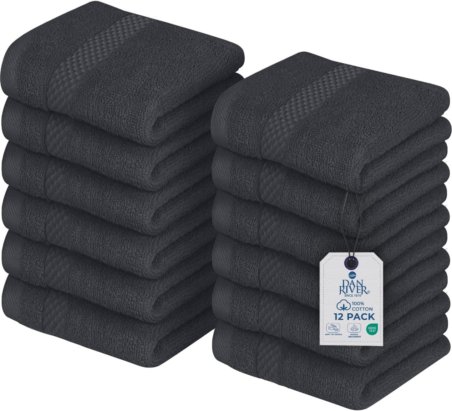 DAN RIVER 12-Pack Premium 100% Cotton Dark Gray Face Towels – Reusable Face Towel Set, Soft & Absorbent Small Wash Cloths for Bathroom & Body – Hand and Face Towels, 550 GSM (12x12 in)
