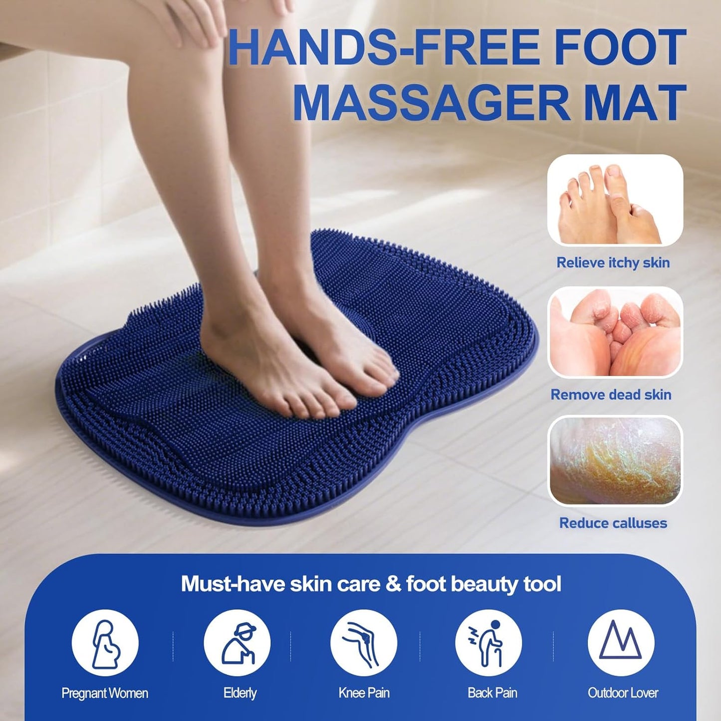 XL Shower Foot Scrubber Mat, Silicone Feet Massage Cleaner Dead Skin Toes Clean Pad without Bending Non-slip Suction Cups -Improve Circulation for Feet Beauty Exfoliate Smooth Achy 17.2*13" Navy Blue