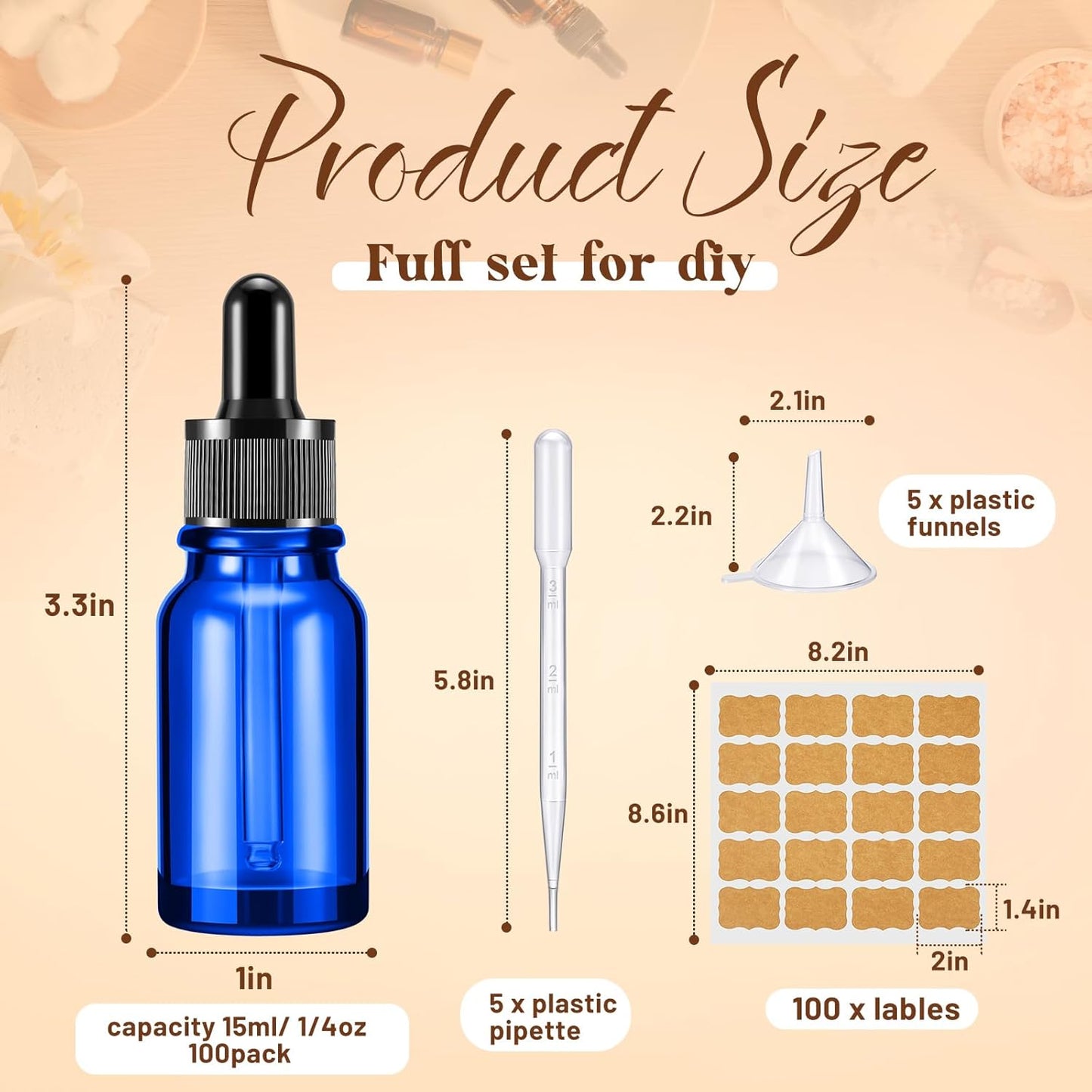 Lallisa 100 Pack Essential Oil Dropper Bottle 15 ml (1/2 Oz) Glass Dropper Bottles DIY for DIY Essential Oil Perfume with 5 Funnels 5 Pipettes 3ml 100 Labels for Bathrooms, Hotels, Labs (Blue)