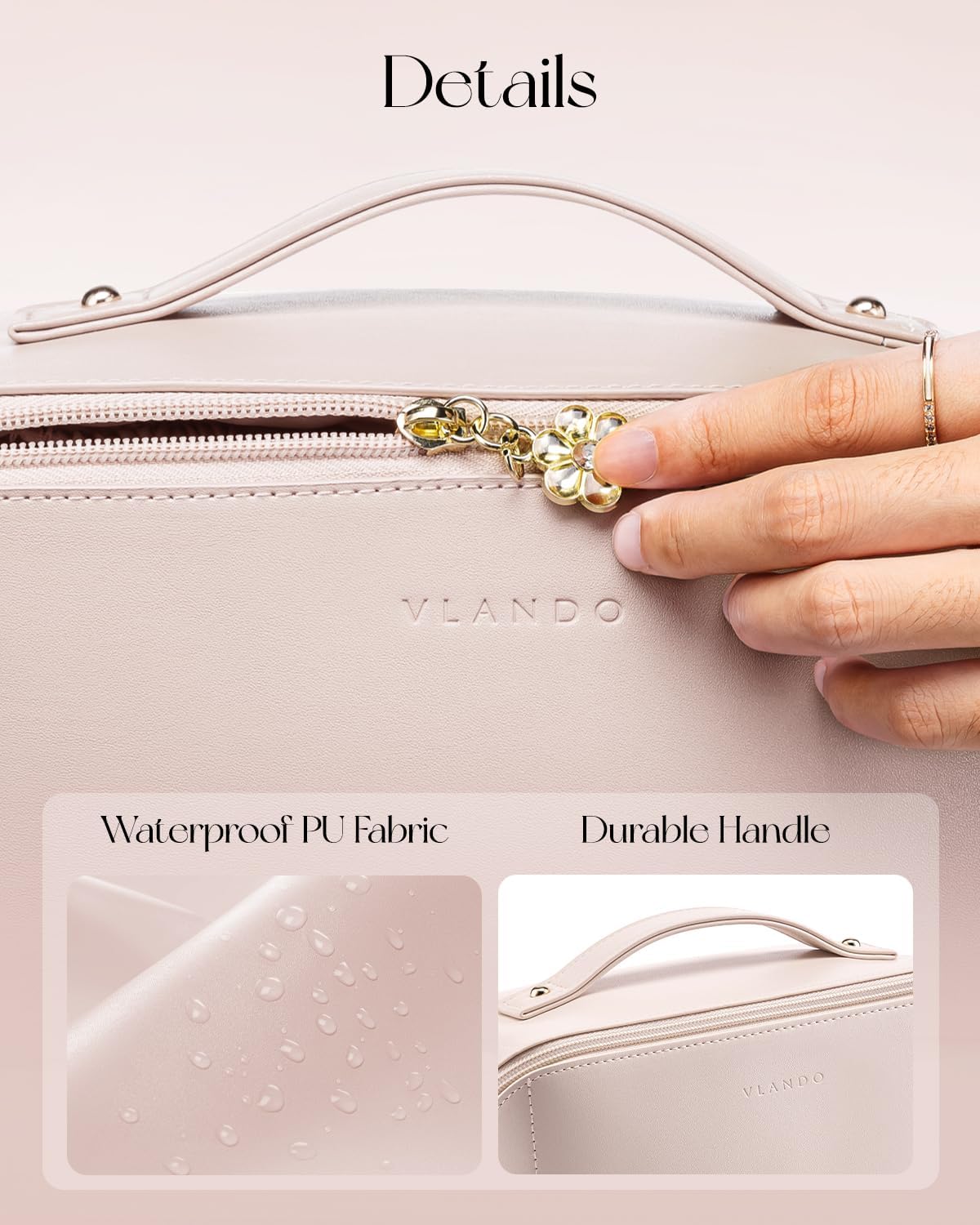 Vlando Makeup Bag,Large Capacity Travel Toiletry Bag,Cosmetic Bags for Women PU Leather Waterproof Portable Pouch with Divider & Handle-Apricot Pink
