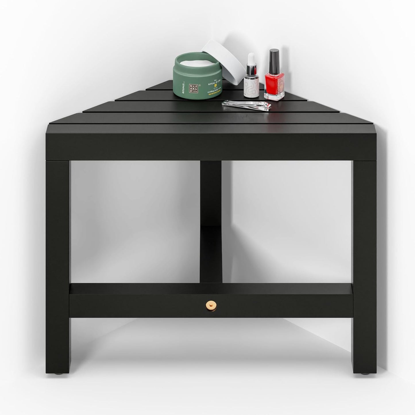 HOLANA 12" Acacia Shower Foot Rest - Wooden Shower Corner Stool Seat for Shaving Legs - Crossbar Corner Shower Benches for Inside Shower - Bath Step Stools Bench for Bathroom (Black)