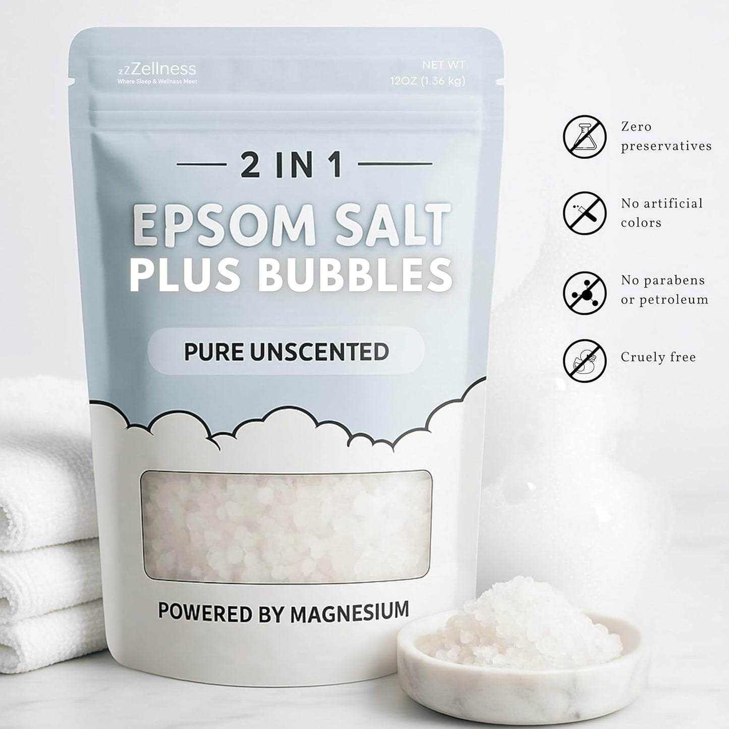 Epsom Salt Plus Bubbles – Pure Unscented Foaming Bath Soak – Magnesium Sulfate for Muscle Recovery, Stress Relief & Relaxation – Great for Aromatherapy – 12 oz