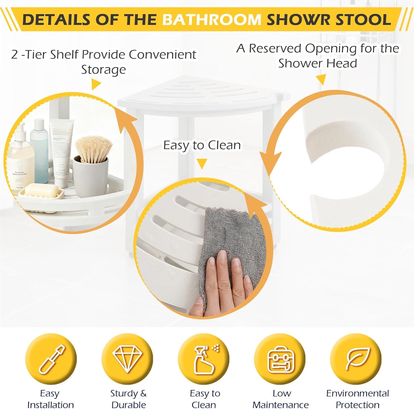 HDPE Corner Shower Stool for Shaving Legs, Waterproof Shower Stool with Storage Shelf for Bathroom,White