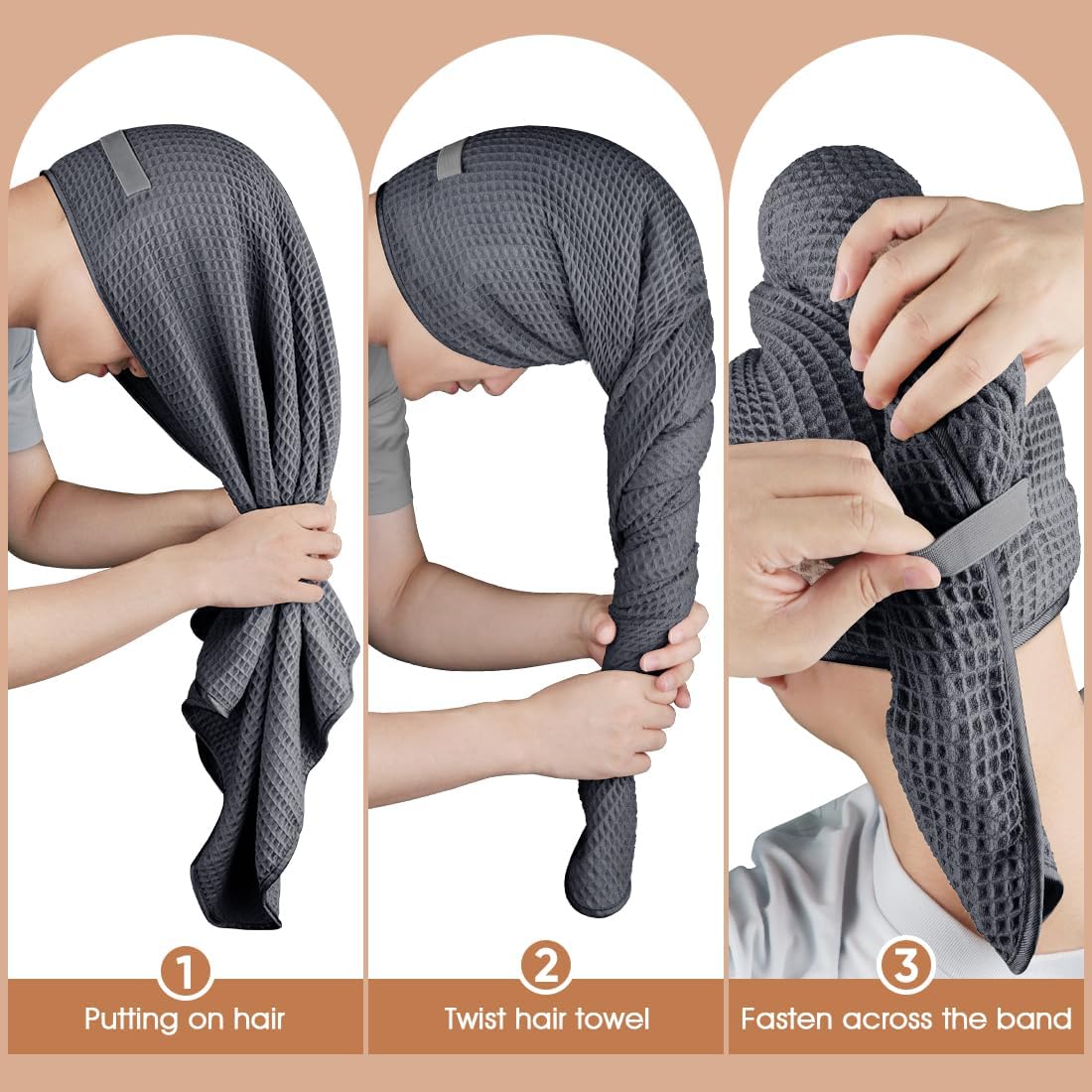 GLIMGLINT 2 Pack Large Microfiber Hair Towel Wrap for Women, Super Soft Hair Drying Towel, Fast Drying Waffle Hair Towel Wrap with Elastic Strap 40"X26.5" (Grey/Brown)