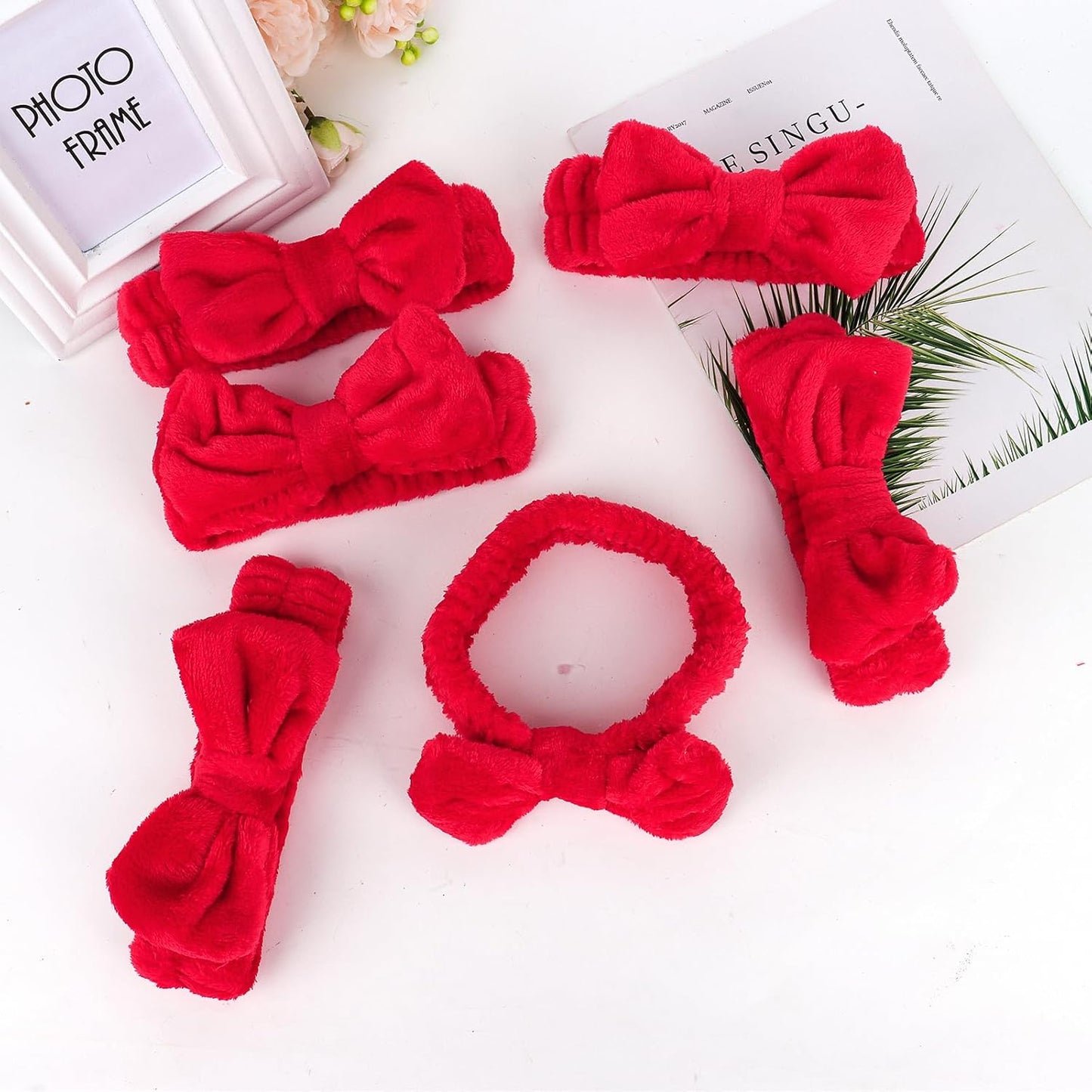 Casoty 6 Pcs Red Spa Headbands, Skin Care Headband, Soft Coral Fleece Makeup Hair band, Bow Hair Band for Face Washing Shower Skin Care Yoga