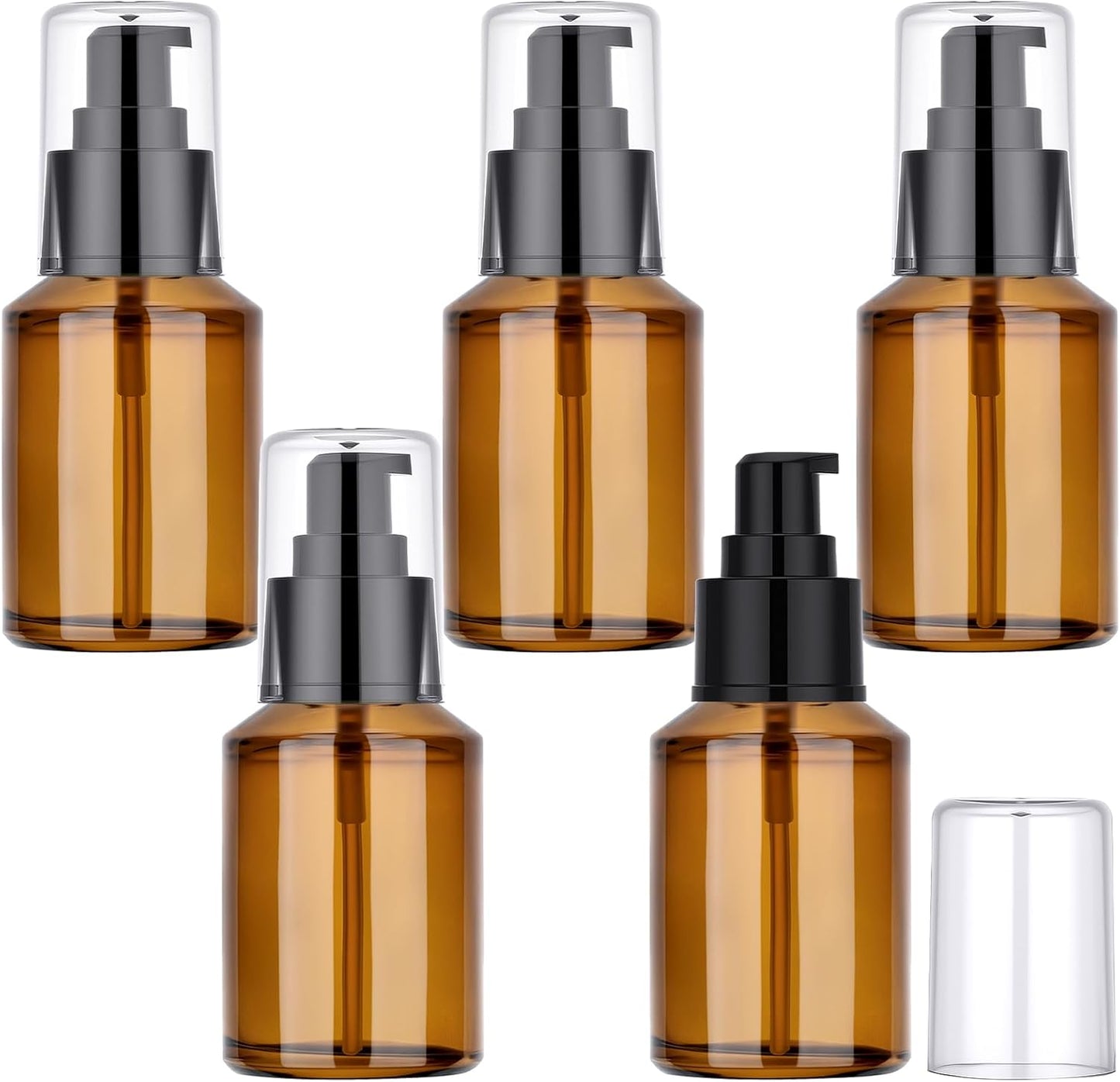 Segbeauty 2oz Refillable Glass Travel Size Empty Bottles, 5pcs Amber Lotion Pump Bottles Empty, 60ml Mini Travel Lotion Container, Small Cosmetic Container Bottle Pump Dispener for Creams Oils Liquids