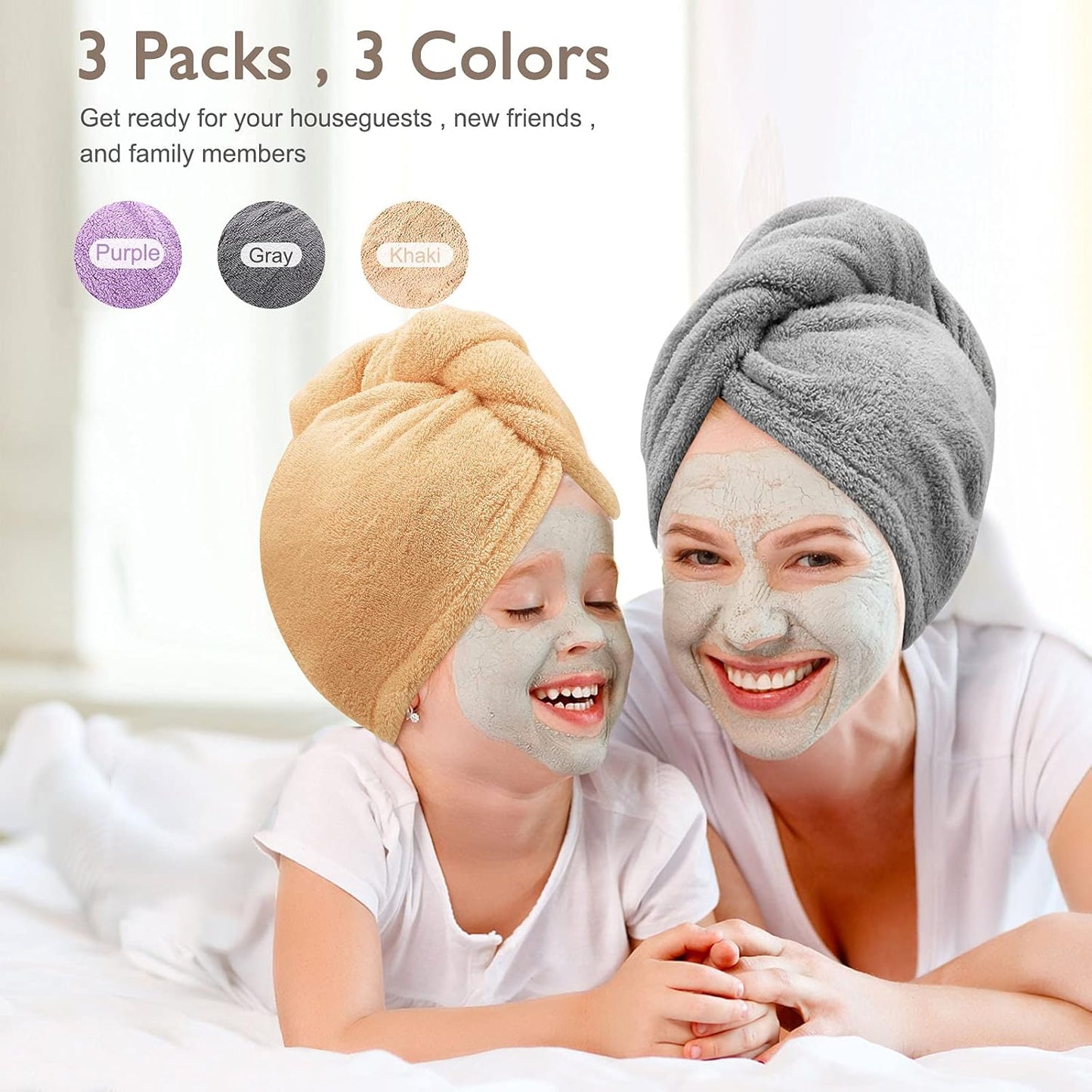 BEoffer Microfiber Hair Towel, 3 Packs Hair Turbans for Women, Men,Kids, Quick Dry Hair Wrap Towels for Curly,Long, Curly Hair Anti Frizz (Gray+Khaki+Purple)