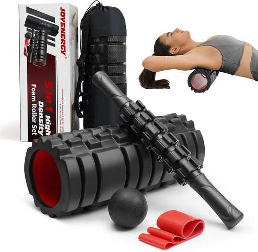 5 in 1 Foam Roller Set High Density Foam Roller Patented, Massage Stick, Massage Ball, Resistance Band for Deep Muscle Massage Pilates Yoga, Fitness for Trigger Point Release