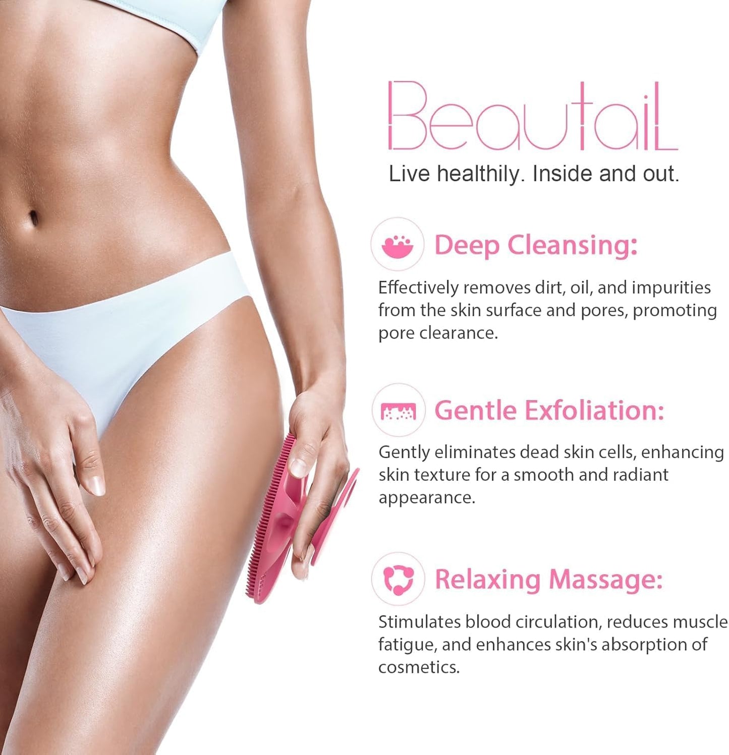 Silicone Body Scrubber 2 Pack, BEAUTAIL Shower Bath Wash Brush, Gentle Exfoliating Scrub Cleansing Loofah for Women Men Baby Sensitive Skin, Easy to Clean, Lather Nicely, More Hygienic, Pink+Blue