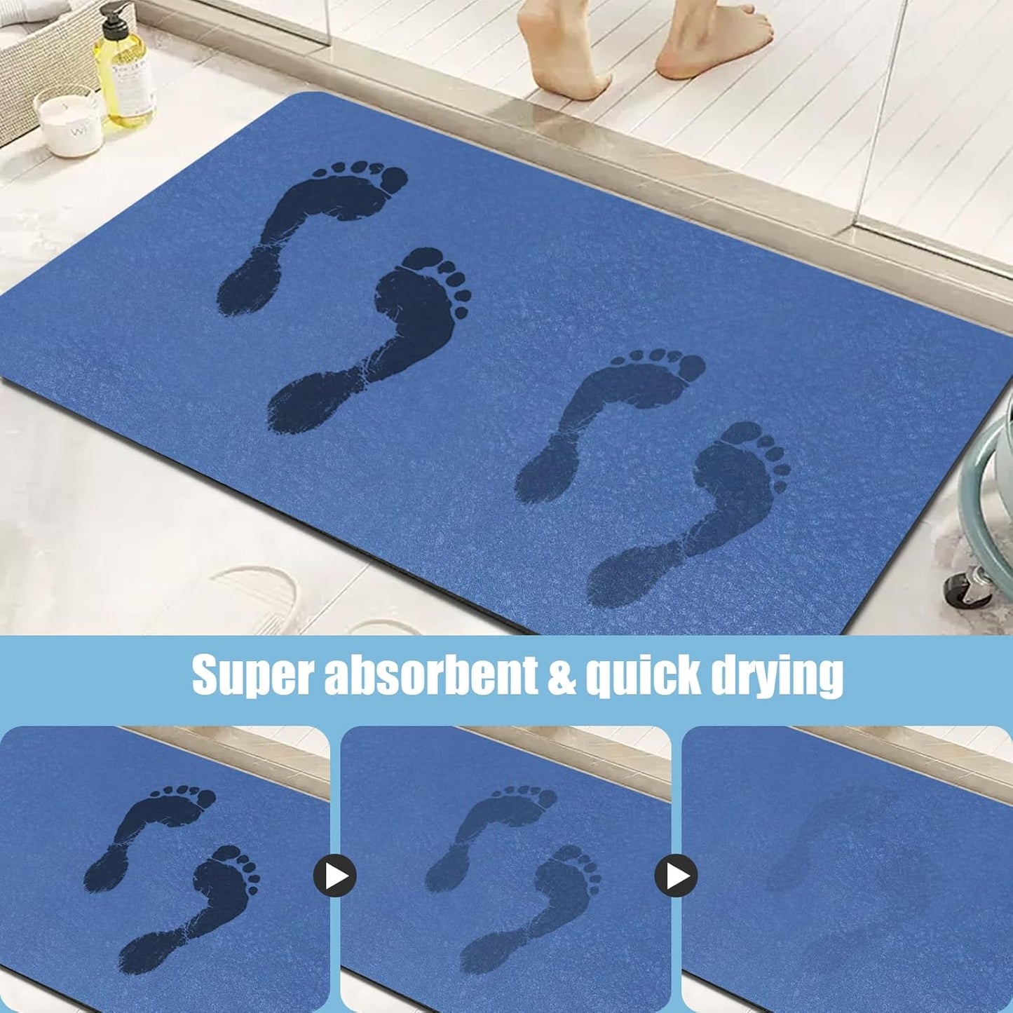 Diatomaceous Earth Bath mat Bathroom Rugs Super Absorbent Quick Dry Non Slip Bath Mat Thin Bathroom Floor Mats Fit Under Door-Shower Rug for in Front of Bathtub Shower, Blue, 15.7"*23.6"