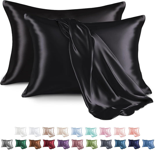 MR&HM Satin Pillowcase for Hair and Skin, Silk Satin Pillowcase 2 Pack, King Size Pillow Cases Set of 2, Silky Pillow Cover with Envelope Closure (20x36, Black)