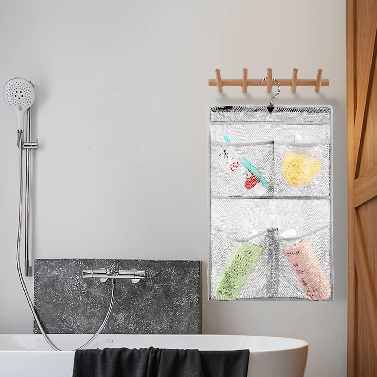 Mesh Shower Organizer Hanging Caddy Quick Dry Bathroom Storage for Toiletry Accessories with Rotating Hanger (4 Pockets)