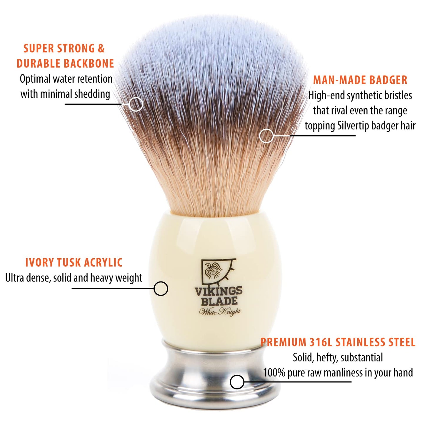 Luxury Shaving Brush for Men by VIKINGS BLADE, Ultra Heavy Acrylic & 316L Steel Handle, Super Strong Knot Backbone, Minimal Shedding, Fast Lather, Extremely Smooth & Plush on Skin (White Knight)