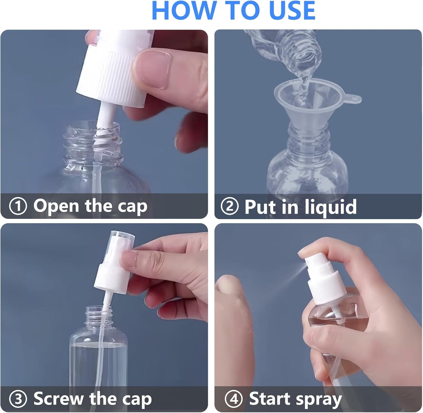 4 Pack 1 Oz (30ml) Mini Spray Bottles Clear Travel Size Spray Bottles Leak Proof with Funnels and Labels