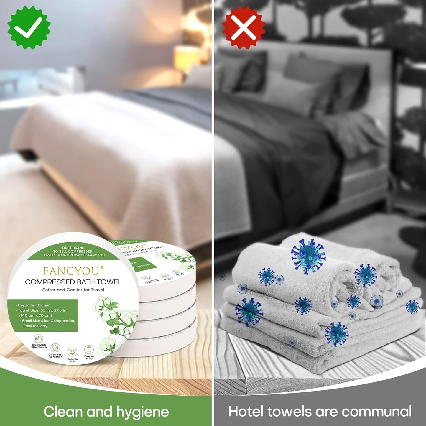 Compressed Bath Towel Tablets 24 Pack 55" x 27.5" Thickened Washable & Reuseable Bath Towels Portable Expandable Disposable Personal Care Cleansing Non Woven Clothes (Green Pack)