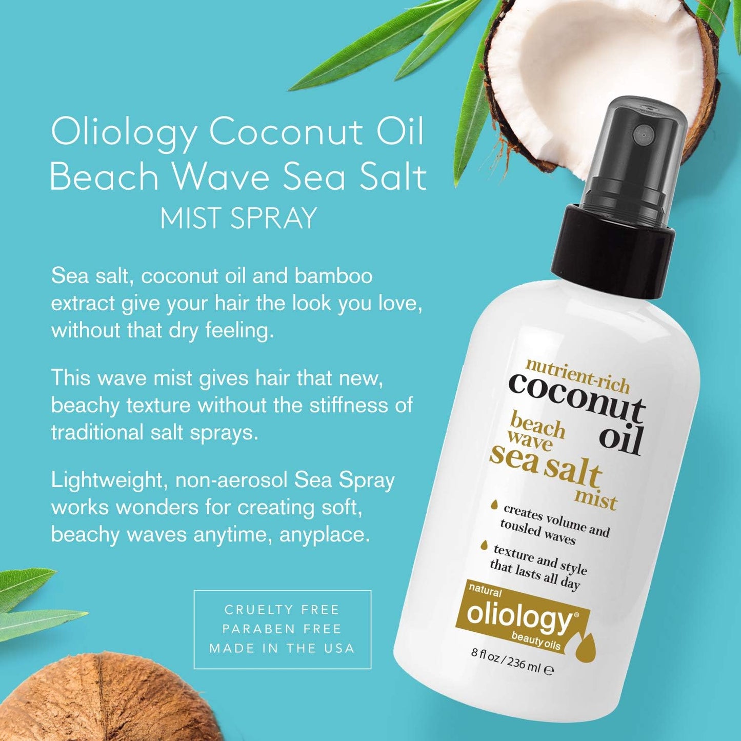 Oliology Coconut Oil Beach Wave Sea Salt Mist Spray - Light Mist Gives Hair Soft Beachy Waves Without Stiffness | Creates Volume | Long Lasting | Made in USA, Cruelty Free & Paraben Free (8oz/2 Pack)