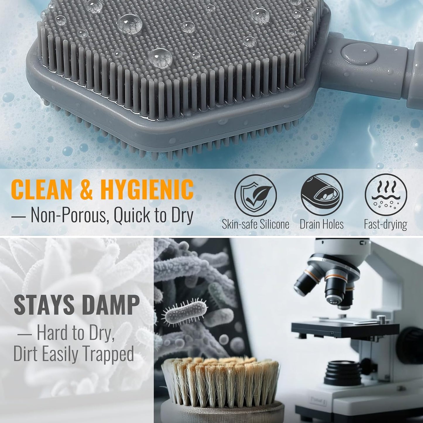 Silicone Back Scrubber for Shower – 21in Extendable Shower Brush with Long Handle – Dual-Sided Back Brush with Non-Slip Grip, Gentle Cleansing & Exfoliation for Men, Women, Elderly (Gray)