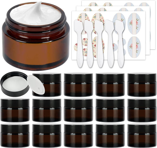 15 Pack 1 oz Empty Amber Glass Jars, 30ml Round Refillable Cosmetic Container Storage Jars with Inner Liners and Black Lids,Perfect Travel Jars for Cosmetics,Face Cream Lotion and More Beauty Products