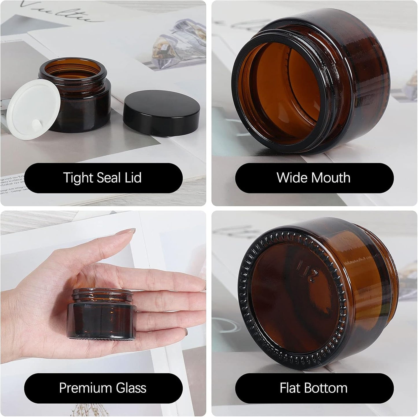 15 Pack 1 oz Empty Amber Glass Jars, 30ml Round Refillable Cosmetic Container Storage Jars with Inner Liners and Black Lids,Perfect Travel Jars for Cosmetics,Face Cream Lotion and More Beauty Products