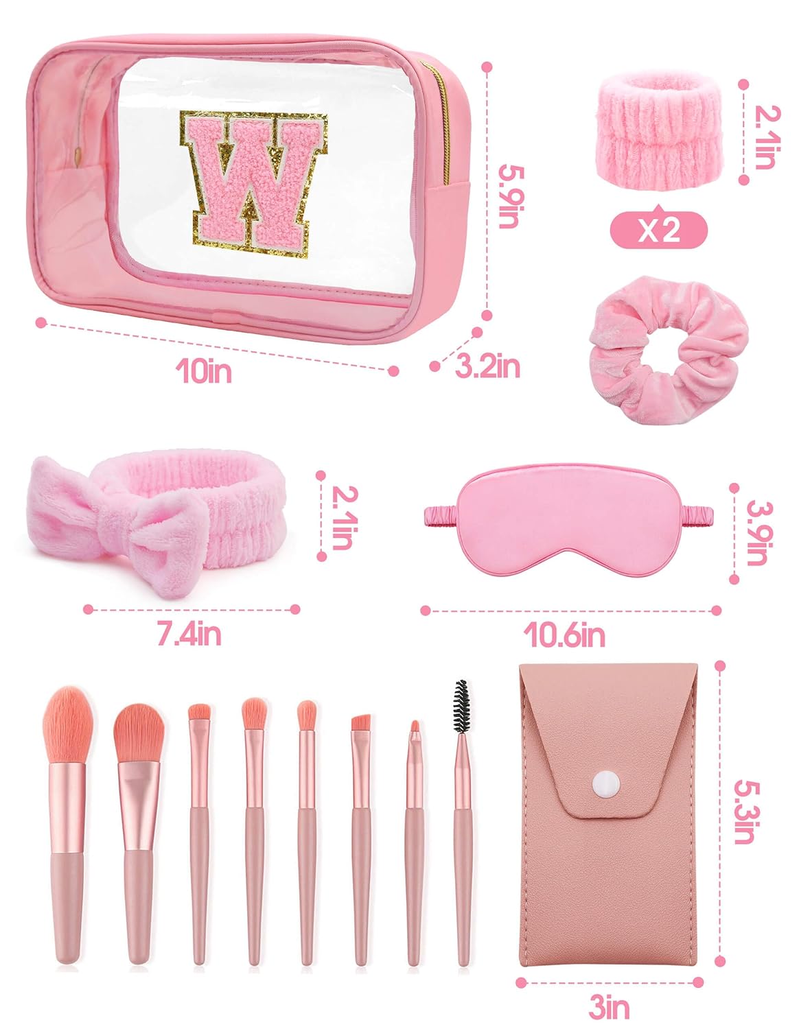 Gift Sets for Women, Initial Makeup Bag with Makeup Brush Set Bachelorette Party Favors, Pink Spa Kit with Skincare Headbands Wrist Bands Sleepover Party Supplies Gifts for Teen Girls Bridesmaid W