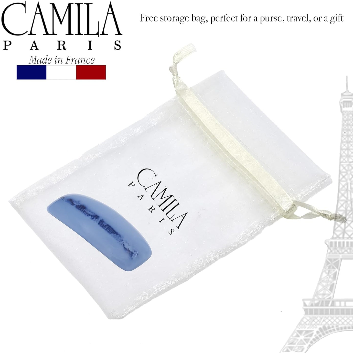 Camila Paris CP3441 French Hair Barrette Clip for Girls, Blue, Rubberized Automatic Clasp Strong Hold Grip Hair Clips for Women, No Slip and Durable Girls Hair Accessories, Made in France