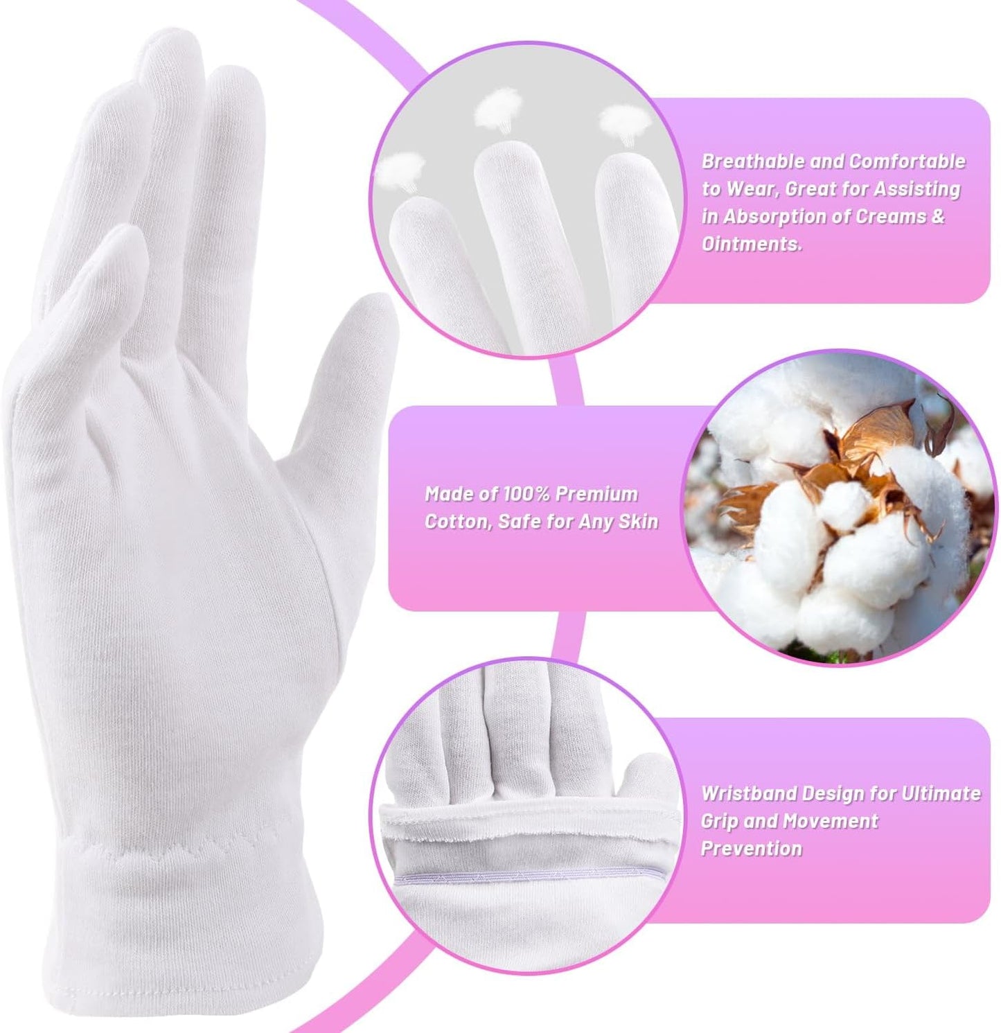 Selizo 12 Pairs 100% White Cotton Gloves for Eczema, Moisturizing Gloves for Dry Hands Overnight Women, Moisture Sleeping Spa Lotion Hand Cream Gloves for Eczema Dry Cracked Hands Sensitive Skin