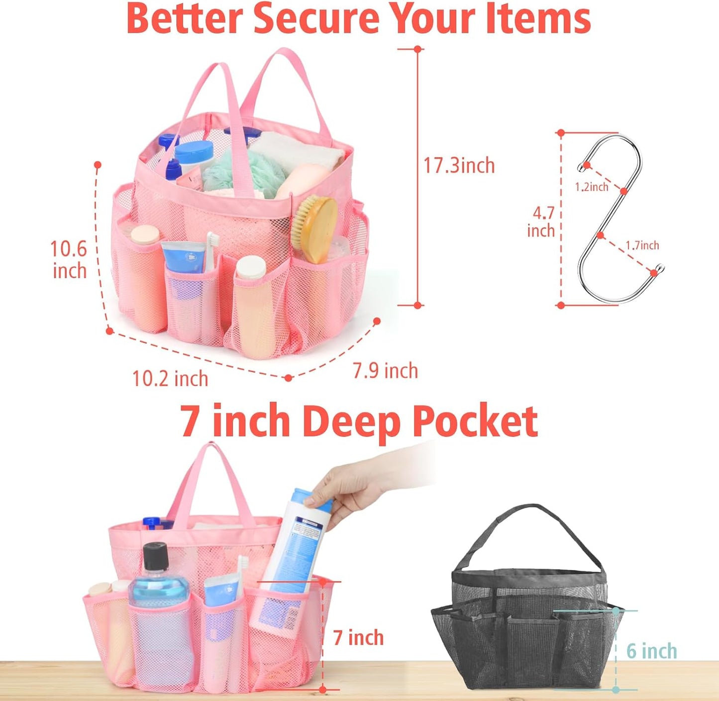 F-color Mesh Shower Caddy Portable, Upgrade Deeper 7 Pockets Shower Bag Basket Tote for College Dorm Room Toiletry Bathroom Essentials Gym Camp Quick Dry 2 handles with S Hook, Pink