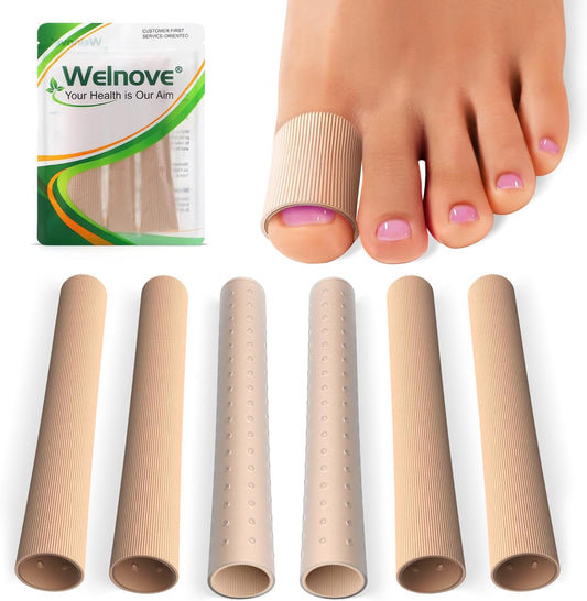 Welnove Toe Tubes Sleeves Protectors - 6 Pack Toe Cushions for Pain Relief - Fabric & Breathable Gel Lining Toe Protectors for Corns, Calluses, Blisters (Large Size)