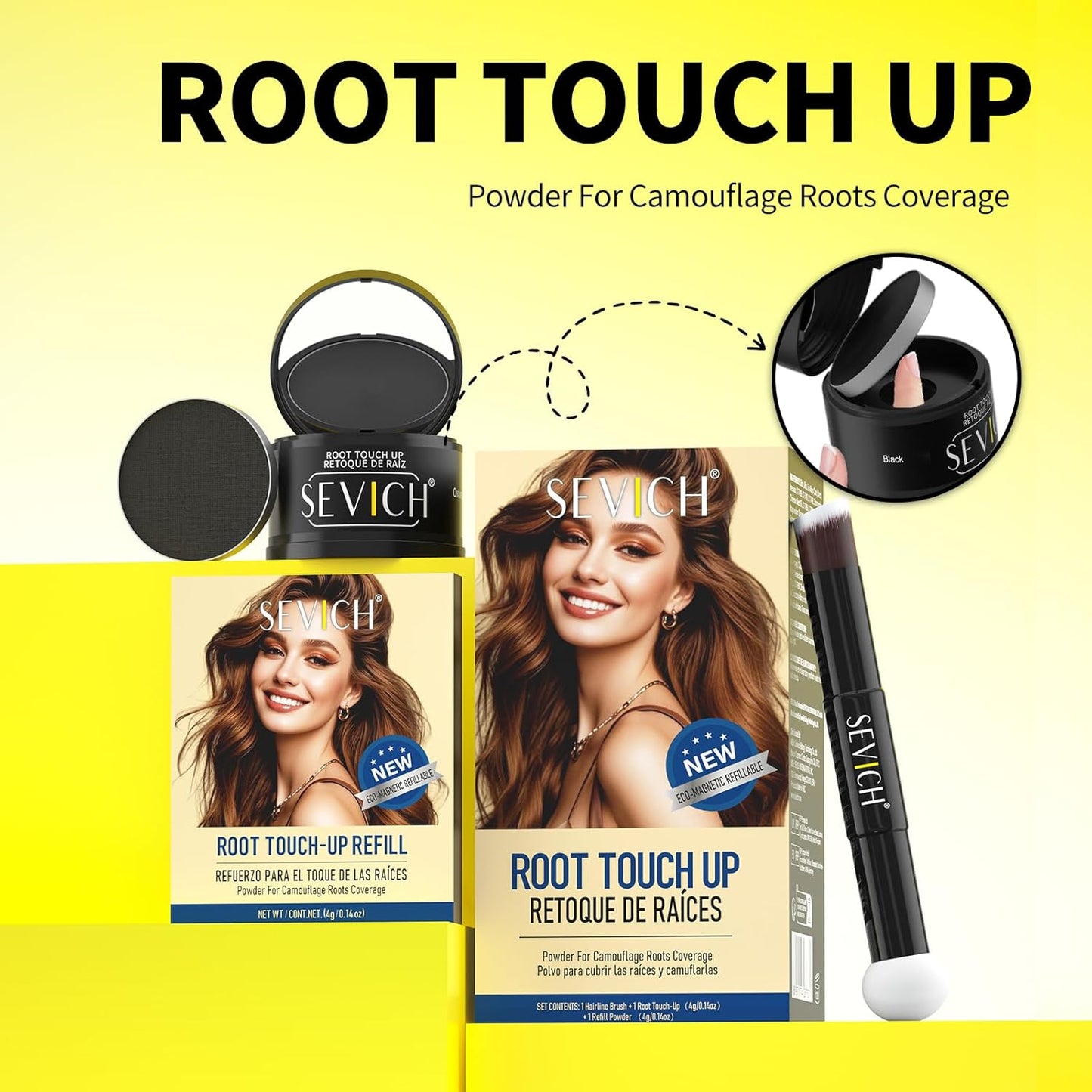 SEVICH Hairline Powder (Replaceable) With Brush & Root Touch-Up for Sparse Hairlines & Gray Coverage, Quick Hair Color Repair, Waterproof & Sweat-Proof, Travel-Friendly (Black)