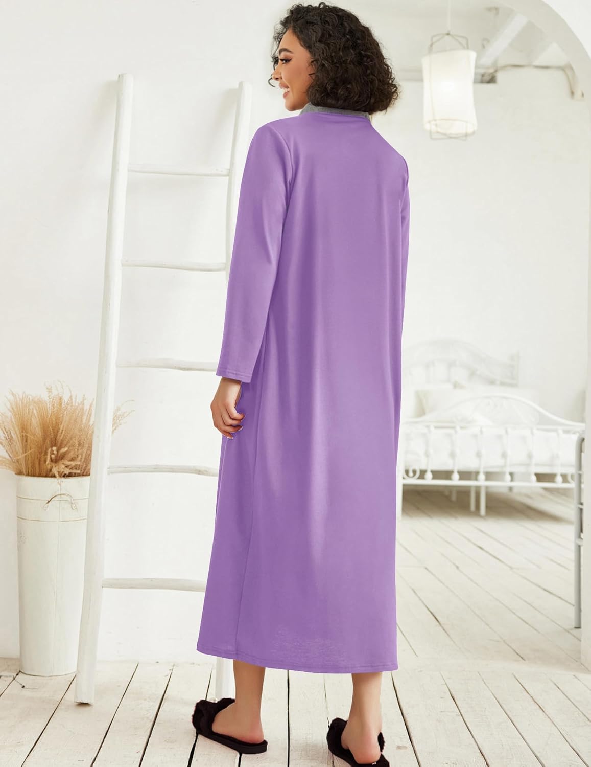 Ekouaer Women Zipper Robe Long Sleeve Loungewear Lightweight Housecoat Full Length Nightgown with Pockets
