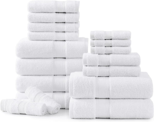 LANE LINEN 100% Mercerized Cotton Luxury Bathroom Towel Set - 18 Pcs - Super Soft, Fluffy & Highly Absorbent - 6 Bath Towels, 6 Washcloths, 6 Hand Towels - Complete Family Pack - White Bath Towel Set