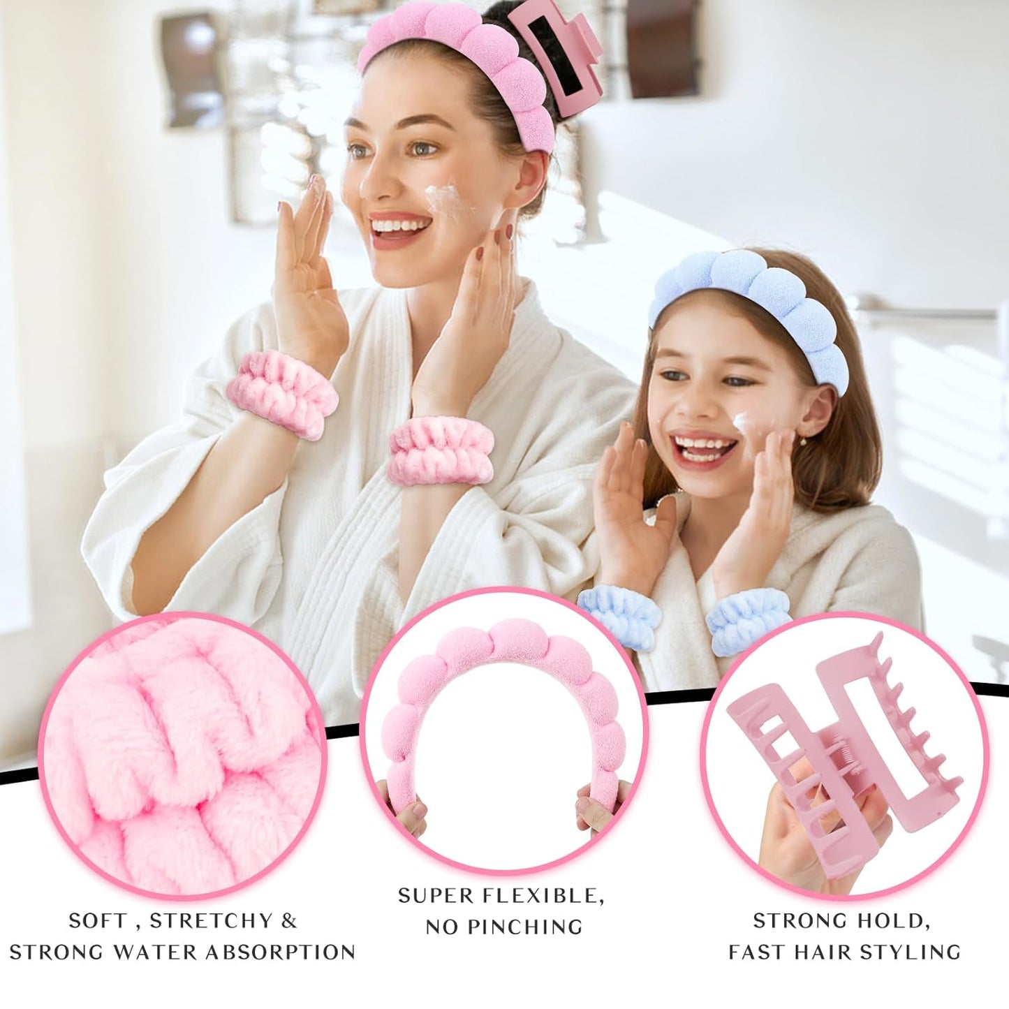 Wecoe Pink Blue Spa Headband And Wristband Set Skincare Headband For Washing Face Hair Claw Clips For Thick Hair Cute Puffy Sponge Bubble Makeup Hairband Wrist Towels Scrunchies For Women Girls