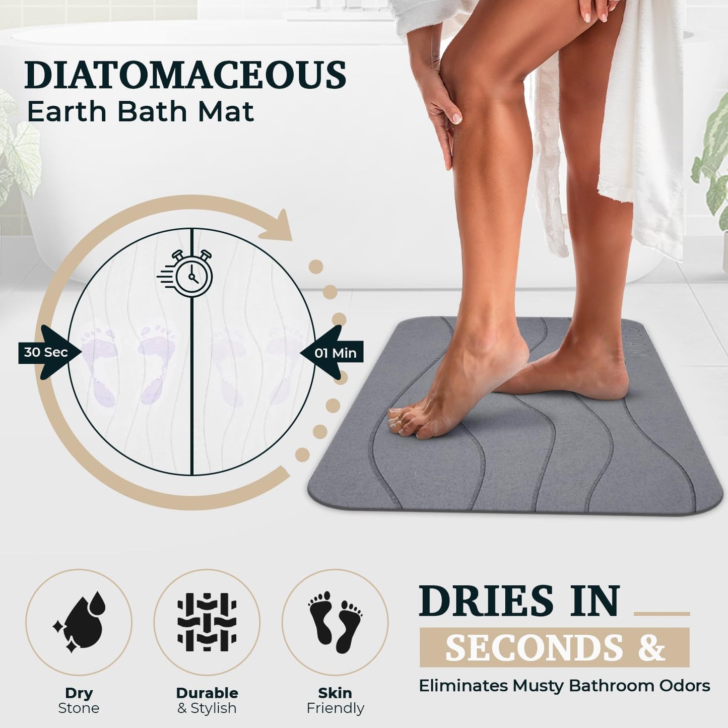 23" x 15" Diatomaceous Earth Shower Non Slip Stone Bath Mat | Quick Dry Super Absorbent Large Mats for Kitchen | Anti-Slip Fast Drying Water Absorbing Stone Bath Mats for Bathroom | Engr-Gray