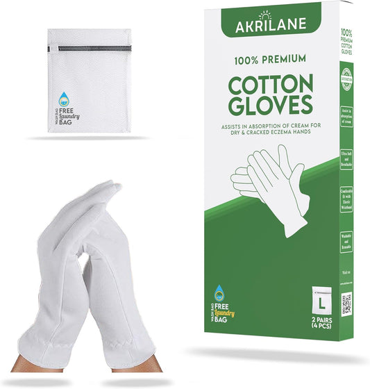 L Large 2 Pairs 100% Premium Cotton Gloves for Dry Hands | Moisturizing Overnight Gloves for Eczema, Psoriasis & Skin Spa Treatment for Women & Men | Washable & Reusable with Free Laundry Bag
