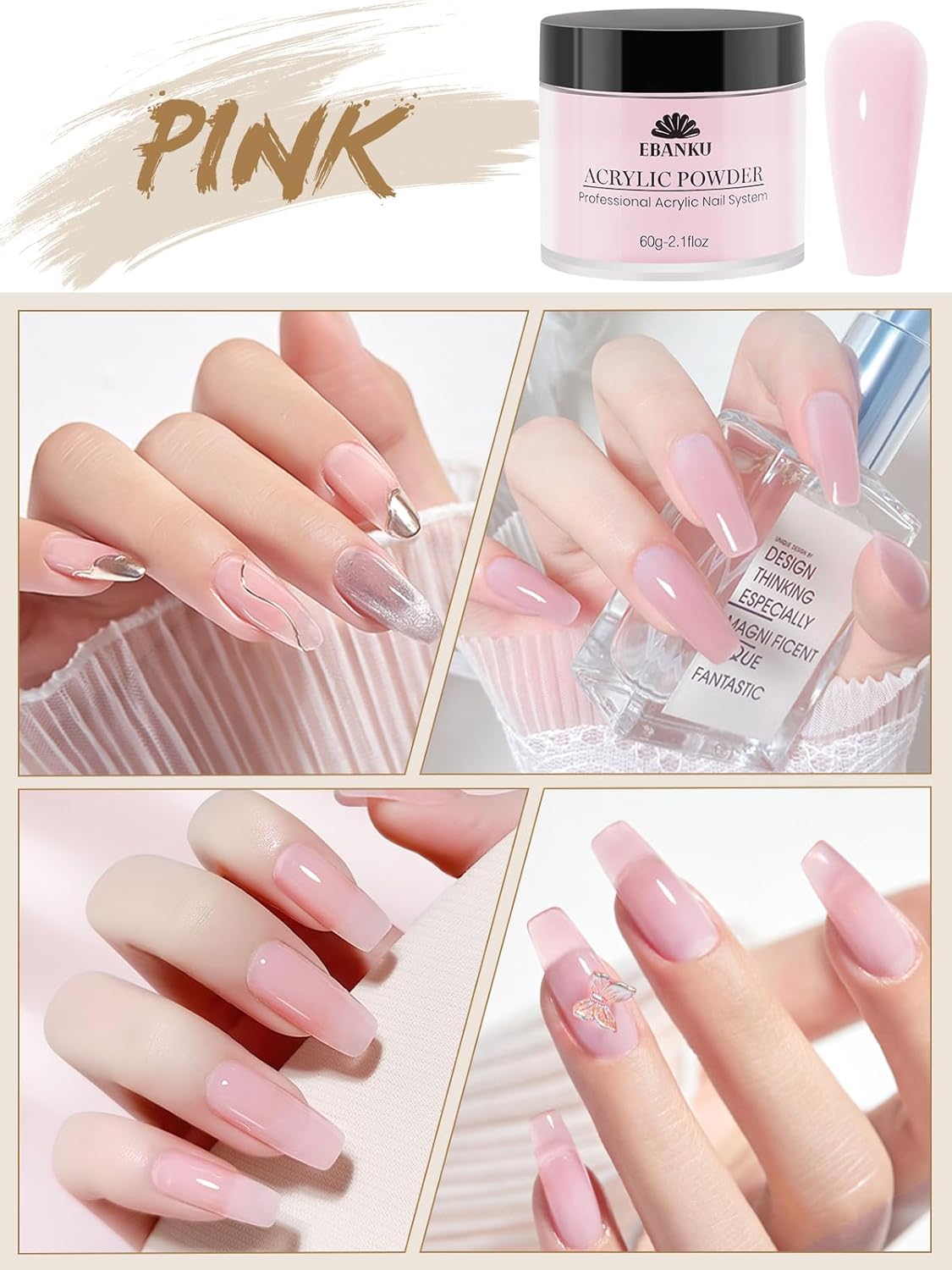 EBANKU Acrylic Nail Powder Set, 2 Colors Pink White Acrylic Powder Professional Nail Acrylic Powder for Nail Acrylic Extension, Nail Carving, Long-Lasting, No Nail Lamp Needed, 2.1 oz