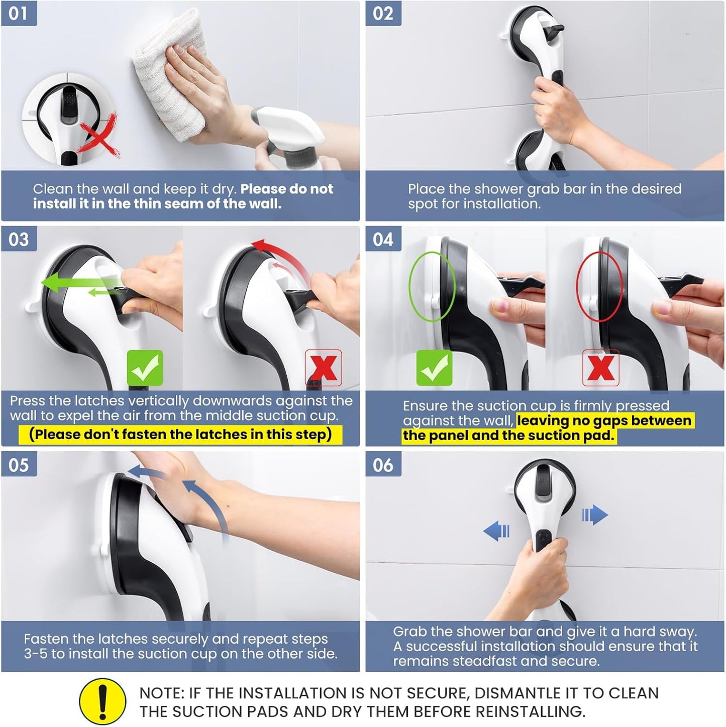 Grab Bars for Bathtubs and Showers Glow in The Dark, 12 inch Suction Grab Bar, Shower Handle Safety Grip Handrail for Seniors and Elderly, Removable Waterproof No Drilling, Black