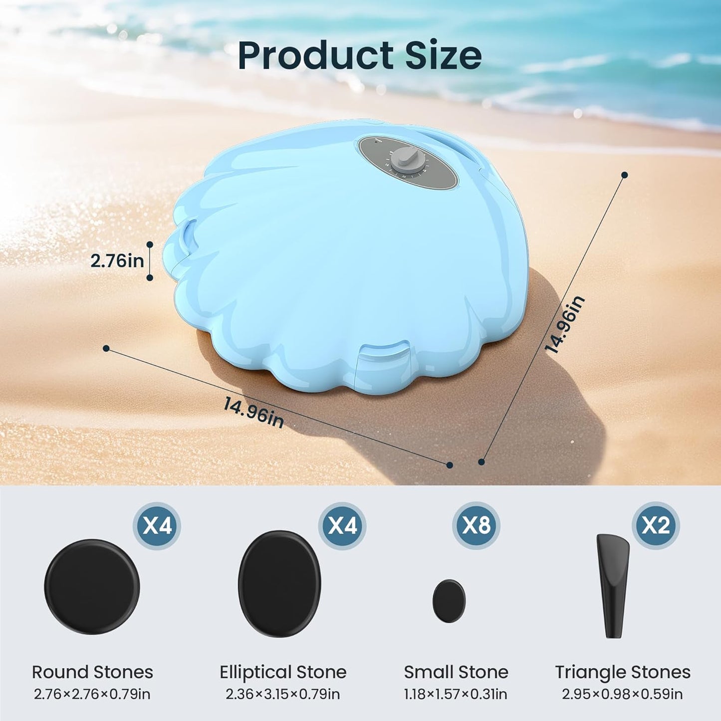 Shell Hot Stones Massage Set, 18-Piece Basalt Hot Stones with Heater Kit, Featuring an Elegant Seashell Design for Spa Use. Perfect for Relaxation, Healing, and Pain Relief. （Blue）