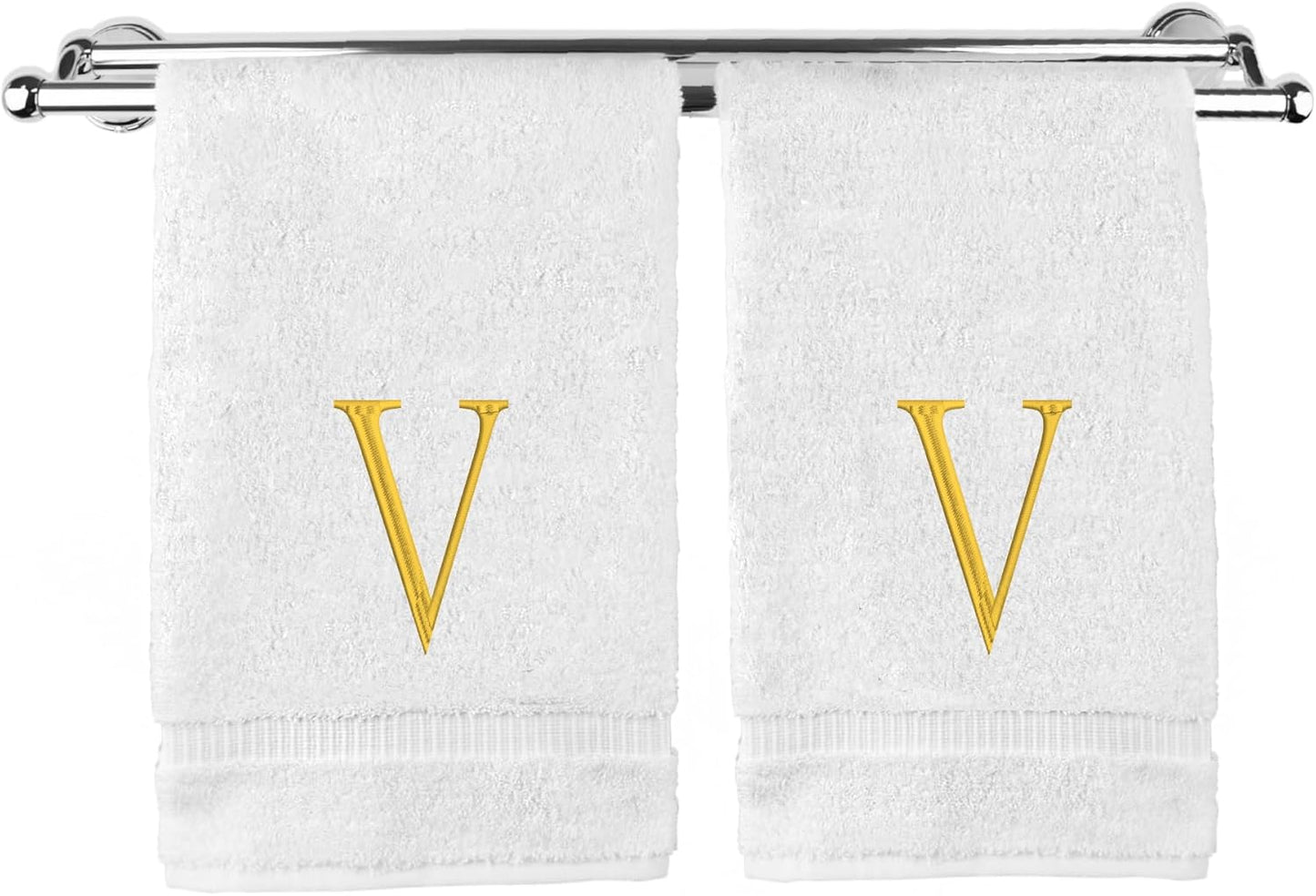 Monogrammed Hand Towel, Personalized Initial Gift, Extra Absorbent 100% Turkish Cotton - Soft Terry Finish - Set of 2 - Gold Block Initial V - Embroidered on White Towels