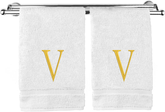 Monogrammed Hand Towel, Personalized Initial Gift, Extra Absorbent 100% Turkish Cotton - Soft Terry Finish - Set of 2 - Gold Block Initial V - Embroidered on White Towels