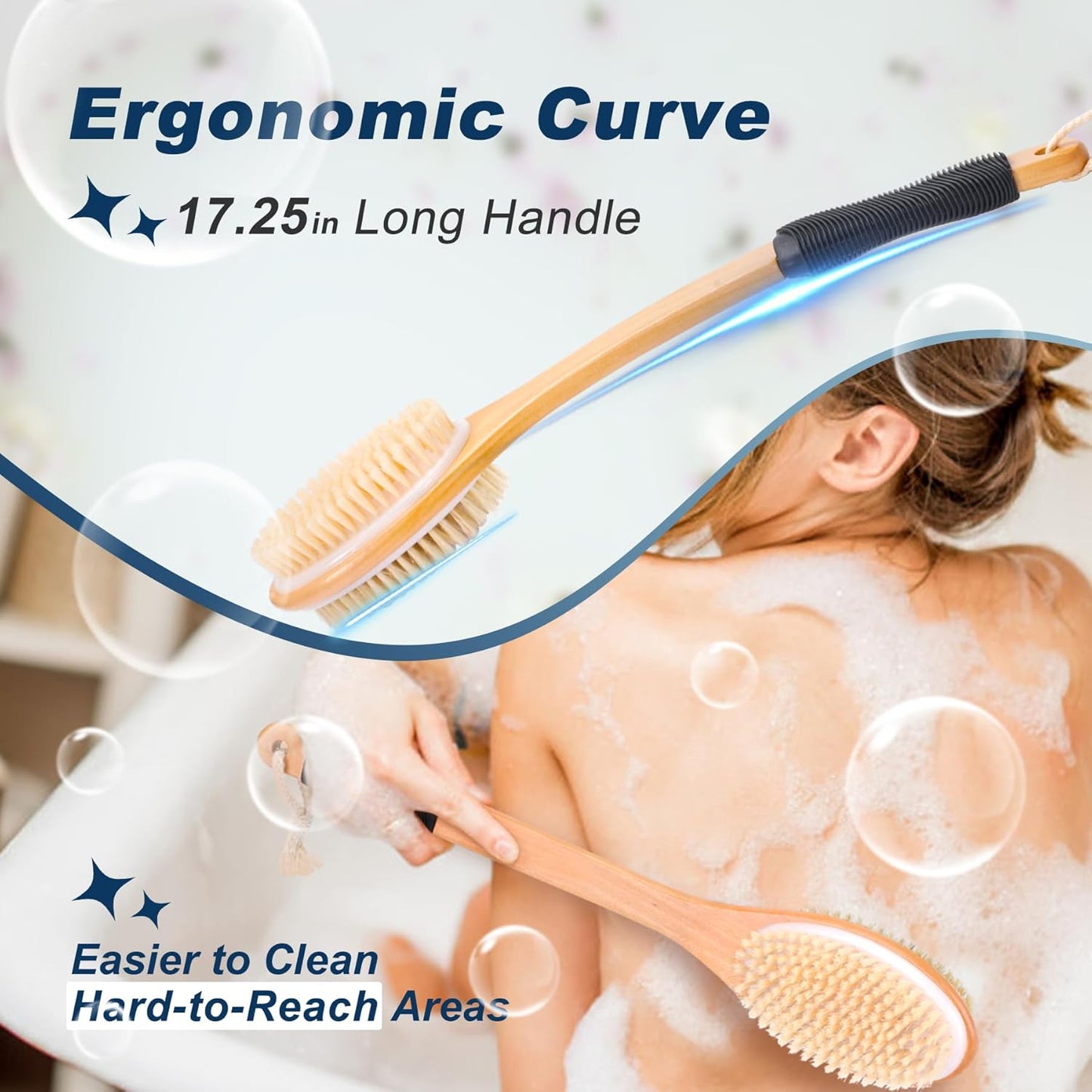 Long Handle Ergonomically Back Scrubber/Brush for Shower, Double Sided Exfoliating Body Scrubber for Women and Men (Black)