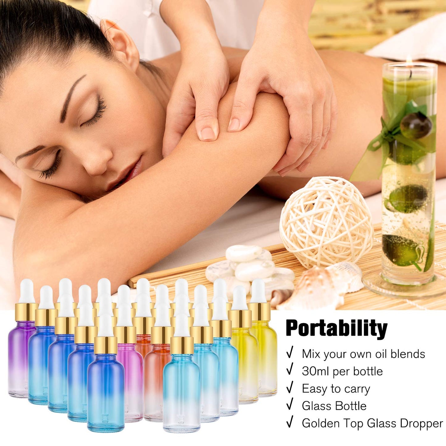 PrettyCare Glass Eye Dropper Bottles 24 Pack, 1oz (30ml) Rainbow Empty Thick Bottles Bulk with Leakproof Goledn Caps - With Labels & Funnels for Storage, Travel, Essential Oils, Cuticle, Tinctures