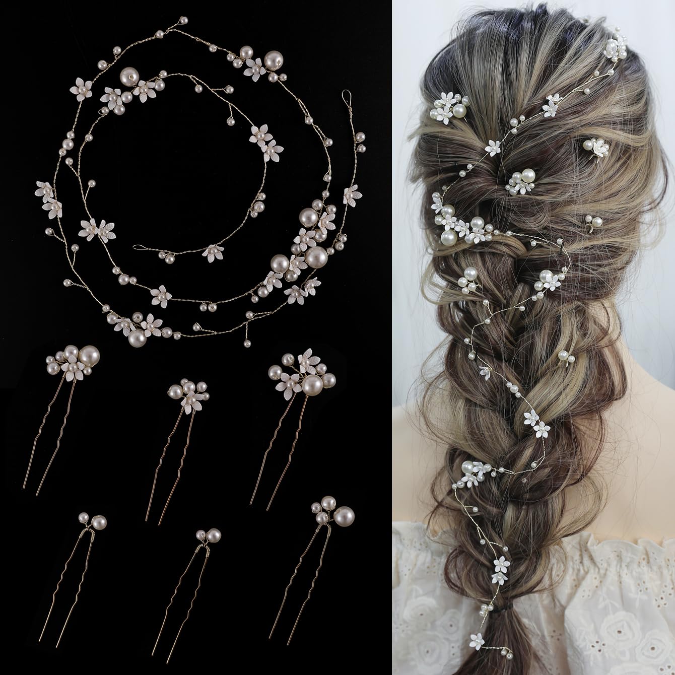 Handmade Pearl Bridal Hair Vine Wedding Hair Accessories Sparkling Pins Set Bride Wedding Pieces for Women and Girls Hair Jewelry Brides Headpieces Crystal 40'' Light Gold 7 Pcs