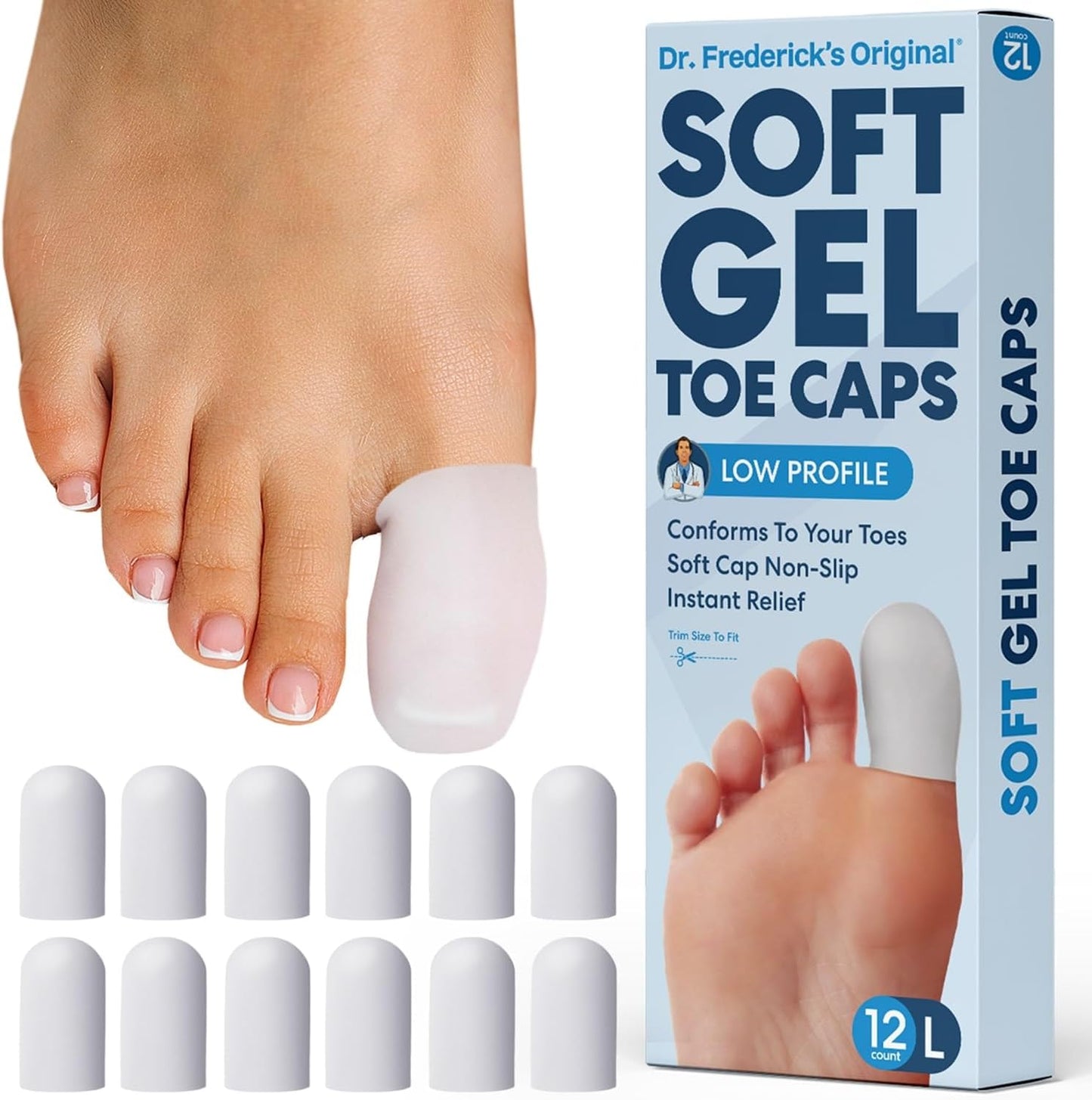 Dr. Frederick's Original Gel Toe Protectors for Men & Women - 12 ct - Toe Caps for Foot Pain Relief - Flexible Cushions for Ingrown Toenails, Corns, Calluses, Blisters, and Comfort - White - Large