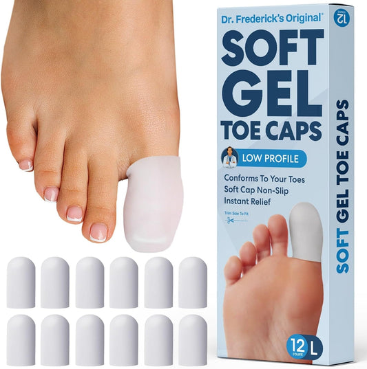 Dr. Frederick's Original Gel Toe Protectors for Men & Women - 12 ct - Toe Caps for Foot Pain Relief - Flexible Cushions for Ingrown Toenails, Corns, Calluses, Blisters, and Comfort - White - Large