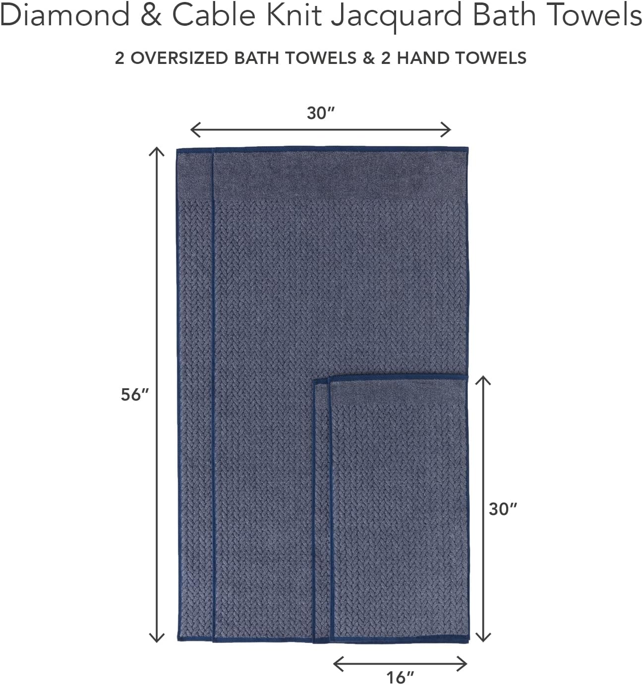 Texere 100% Organic Cotton Jacquard 650 GSM Premium Bath Towel Sets - Extra Absorbent Quick Dry and Plush (Cable, Estate Blue, 2 Bath & 2 Hand Towels)
