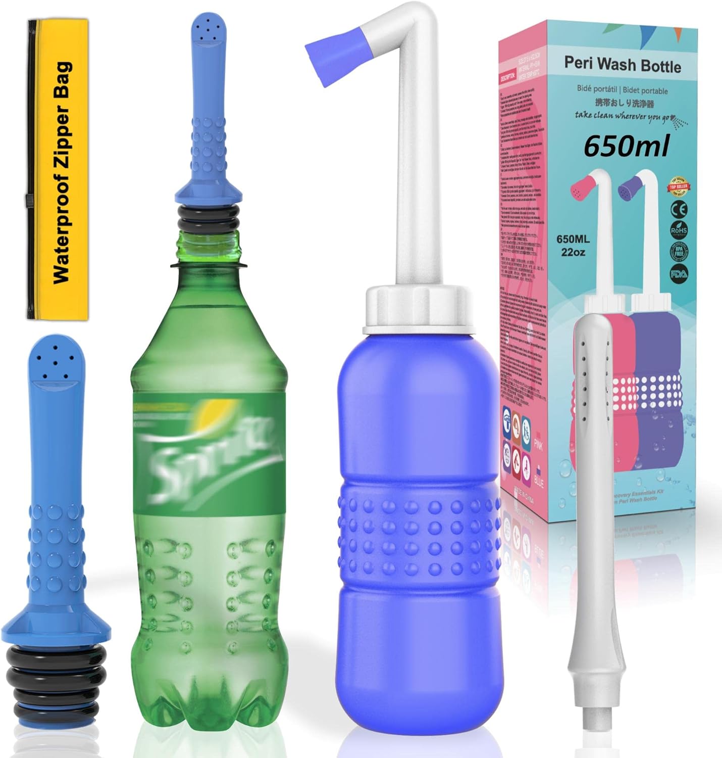 2PCS-Pack 2in1 Vaginal Douche Perineal Irrigation 650ML Portable Bidets + Pocket Bidet Pipe, Travel Bidet with Waterproof Cap, Peri Bottle for Postpartum Essentials