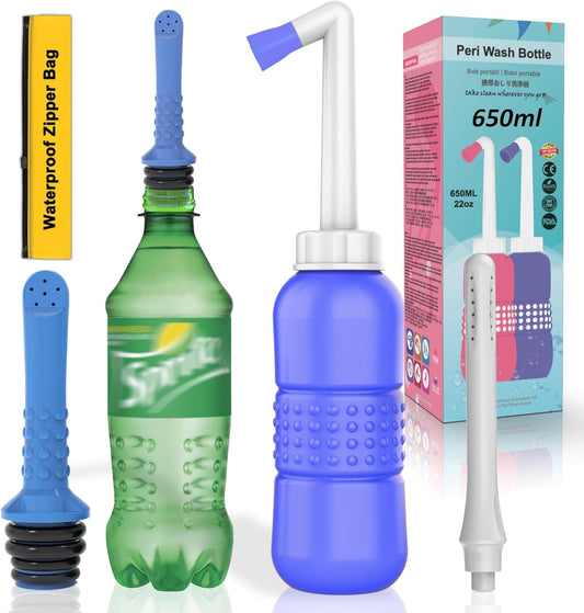 2PCS-Pack 2in1 Vaginal Douche Perineal Irrigation 650ML Portable Bidets + Pocket Bidet Pipe, Travel Bidet with Waterproof Cap, Peri Bottle for Postpartum Essentials