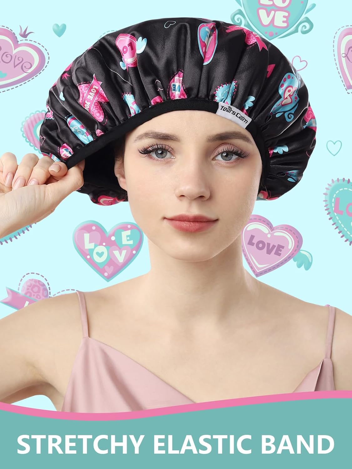 Years calm Terry Lined Shower Cap, Triple Layer Heart Motifs,Waterproof Reusable Elastic,Hair Shower Cap for Women,Terry Cloth Shower Caps for Spa,Clean,Trave (Black, One Size)