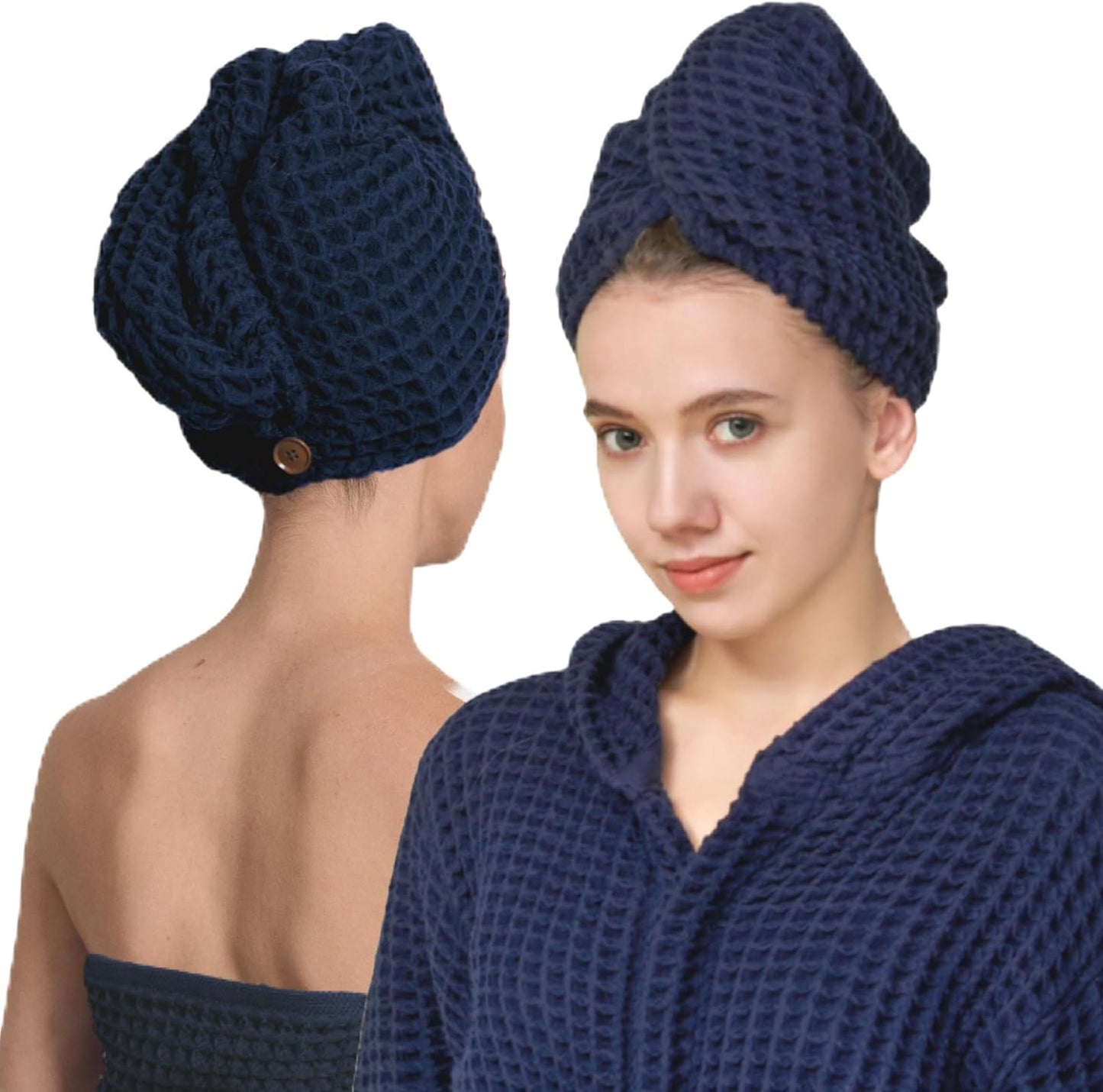 Hair Towel | 100% Cotton Silk Hair-Drying Waffle Wrap Turban for Women, Ultra-Absorbent, Anti Frizz, Hair Damage Protection for Straight and Curly Hair (Ocean Blue, Pack 1)