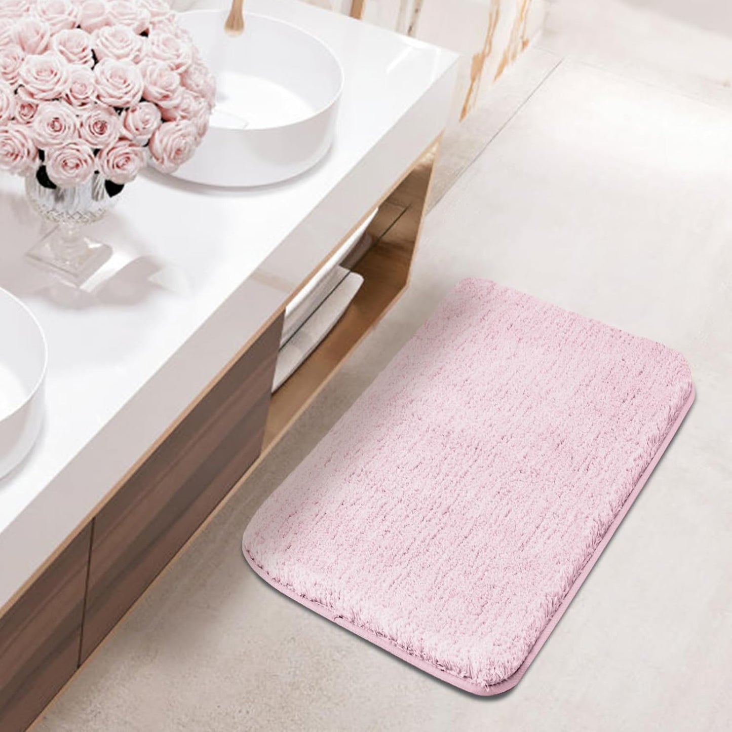 ROSMARUS Shaggy Non Slip Bath Mat, 17" X 24", Water Absorbent, Soft Tub & Floor Mat, Fluffy Machine Washable, Mauve Pink